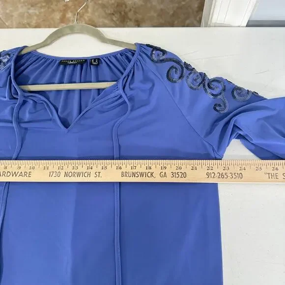 Susan Graver Artisan Liquid Knit Beaded Top Sz L Periwinkle Blue Relaxed Boho - Picture 10 of 13